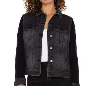 Women's Charcoal Denim Jacket with Textured Sleeves